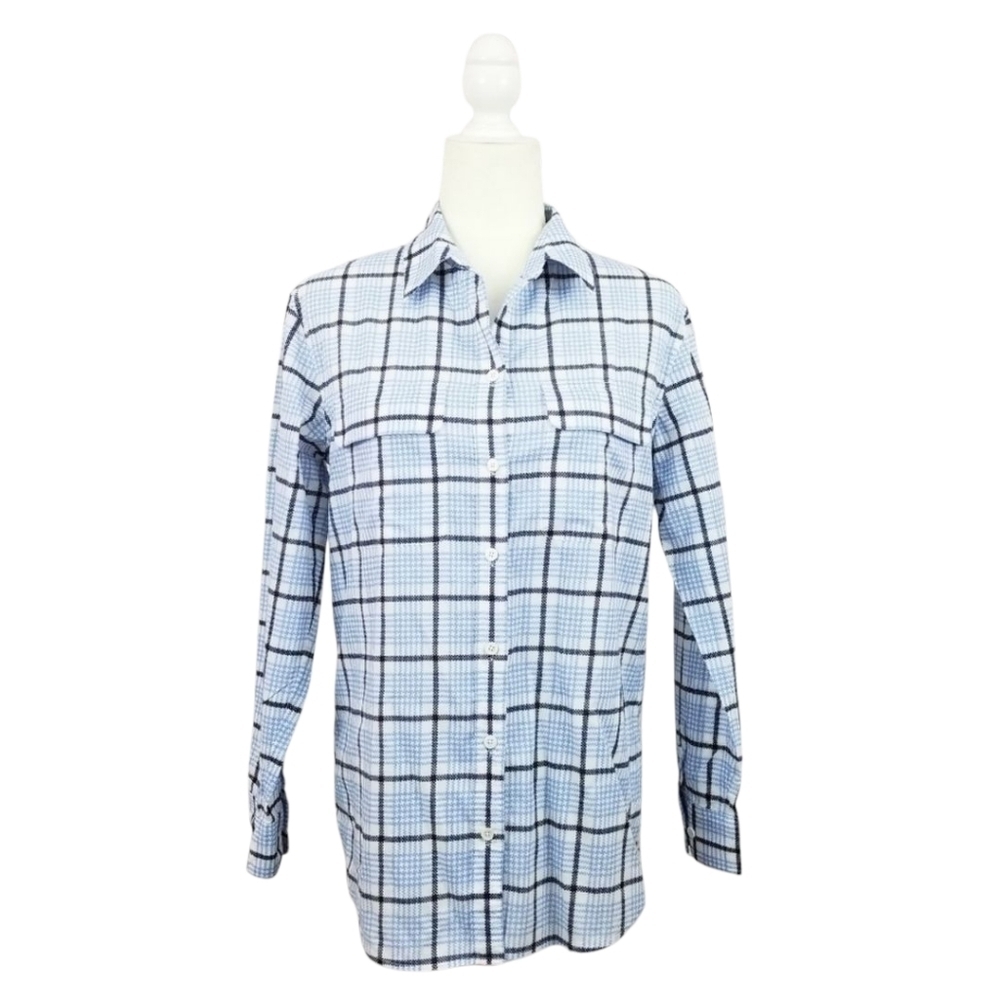 Equipment blue white plaid button down long sleeve collared top women's size XS